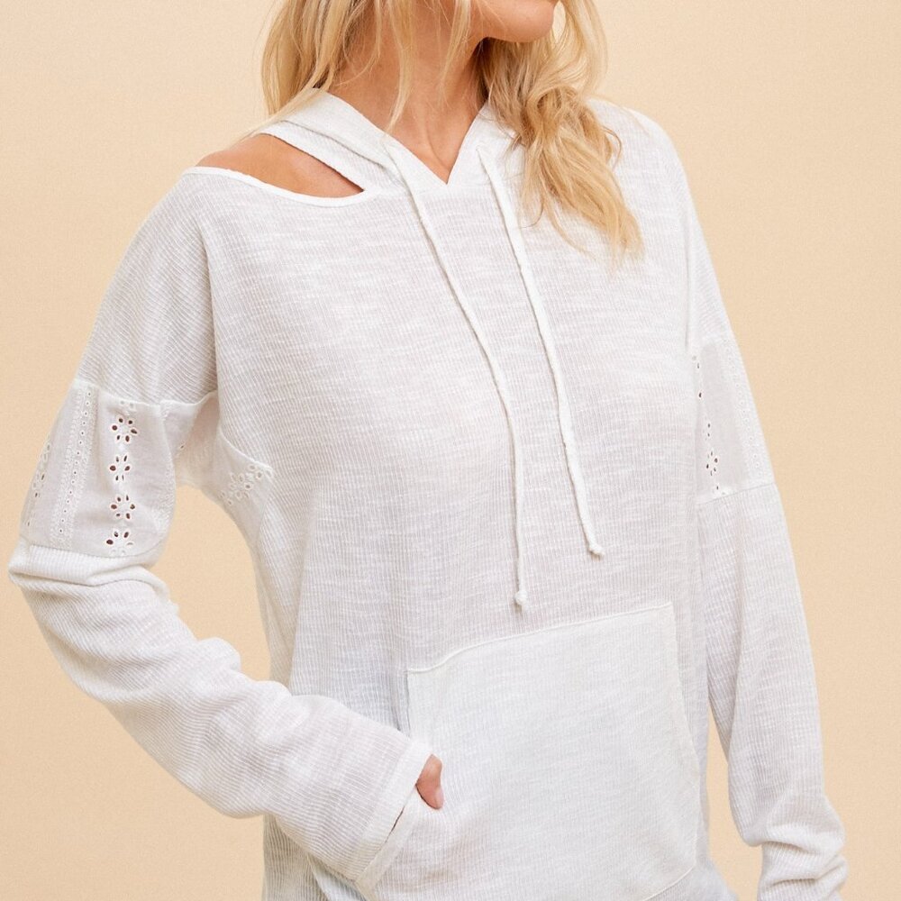 HEM & THREAD White Eyelet Cold Shoulder Hoodie, Lightweight Boho Pullover Top